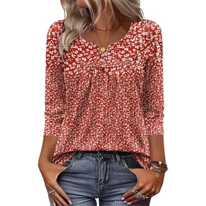 Zeagoo 3/4 Length Sleeve Womens Tops Dressy Casual 2026 V Neck T Shirts Blouses Floral Summer Business Work Basic Tees(Red White Floral)