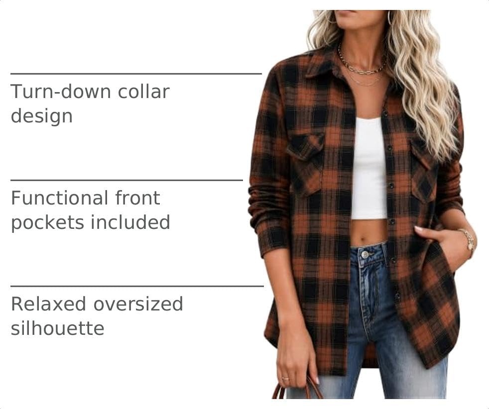 image:imageZeagoo Flannel Shirt Women Plaid Button Down Shackets Long Sleeve Fall TopsAbrowngz803