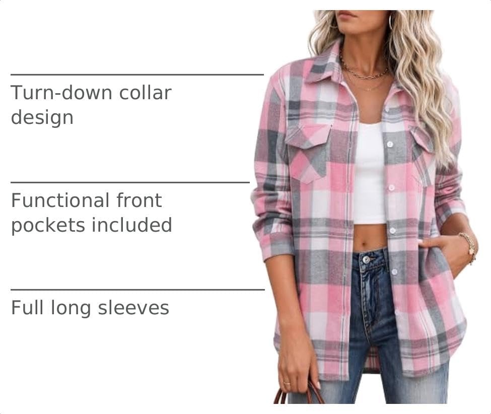image:imageZeagoo Flannel Shirt Women Plaid Button Down Shackets Long Sleeve Fall TopsAlight Pinkgw298