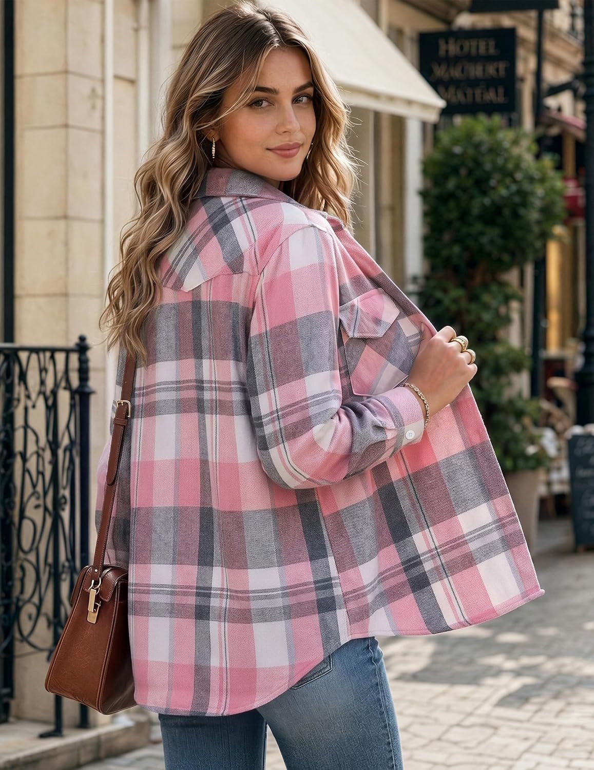 image:imageZeagoo Flannel Shirt Women Plaid Button Down Shackets Long Sleeve Fall TopsAlight Pinkgw298