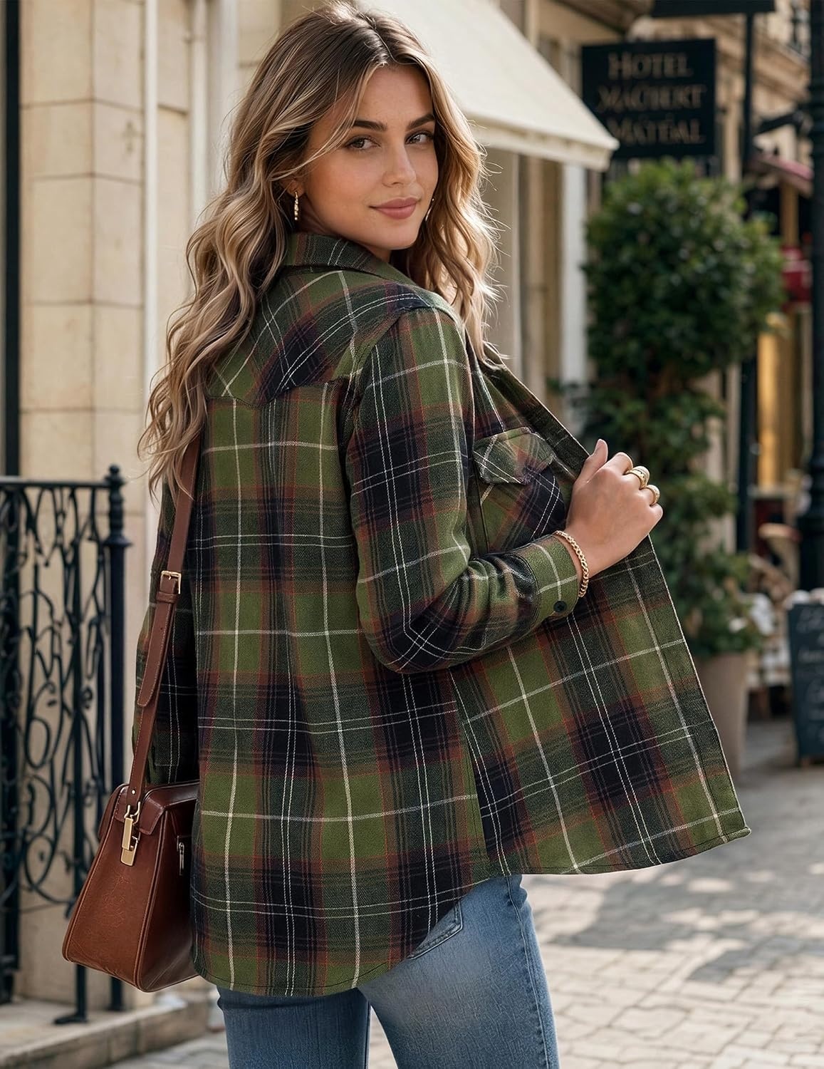 image:imageZeagoo Flannel Shirt Women Plaid Button Down Shackets Long Sleeve Fall TopsArmy Greengw378