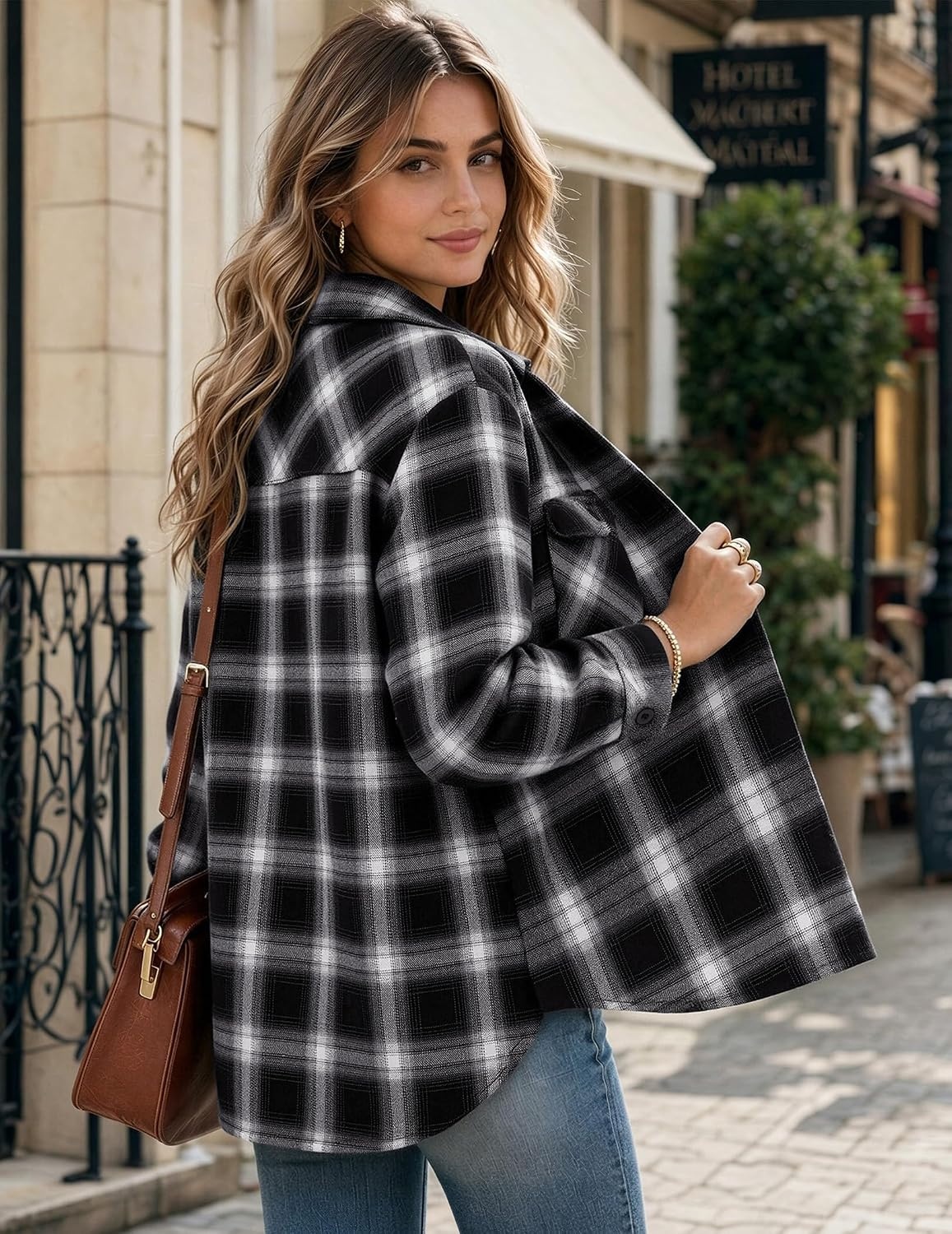 image:imageZeagoo Flannel Shirt Women Plaid Button Down Shackets Long Sleeve Fall TopsBlackgz564