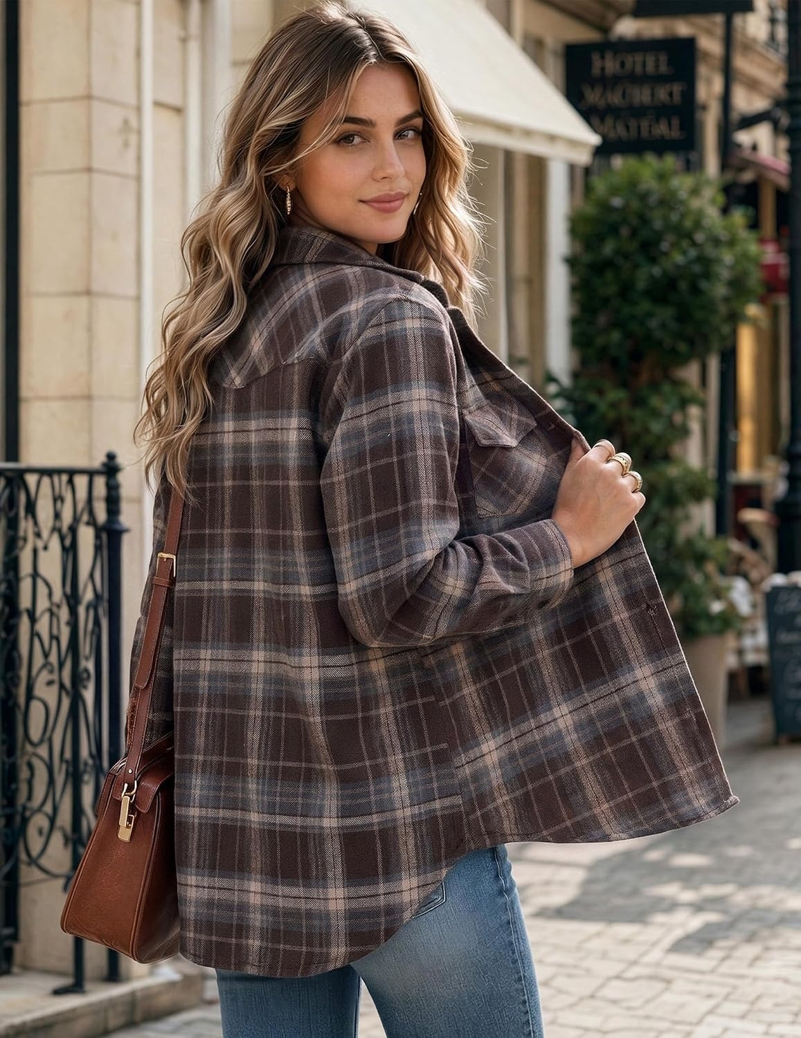image:imageZeagoo Flannel Shirt Women Plaid Button Down Shackets Long Sleeve Fall TopsChocolategw542
