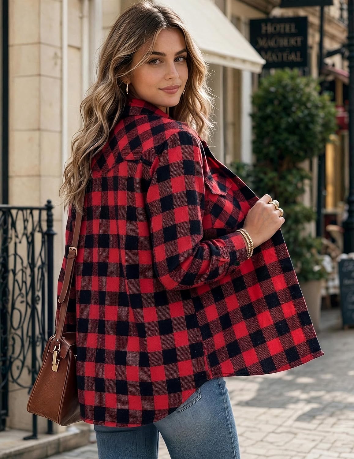 image:imageZeagoo Flannel Shirt Women Plaid Button Down Shackets Long Sleeve Fall TopsDark Redgz188