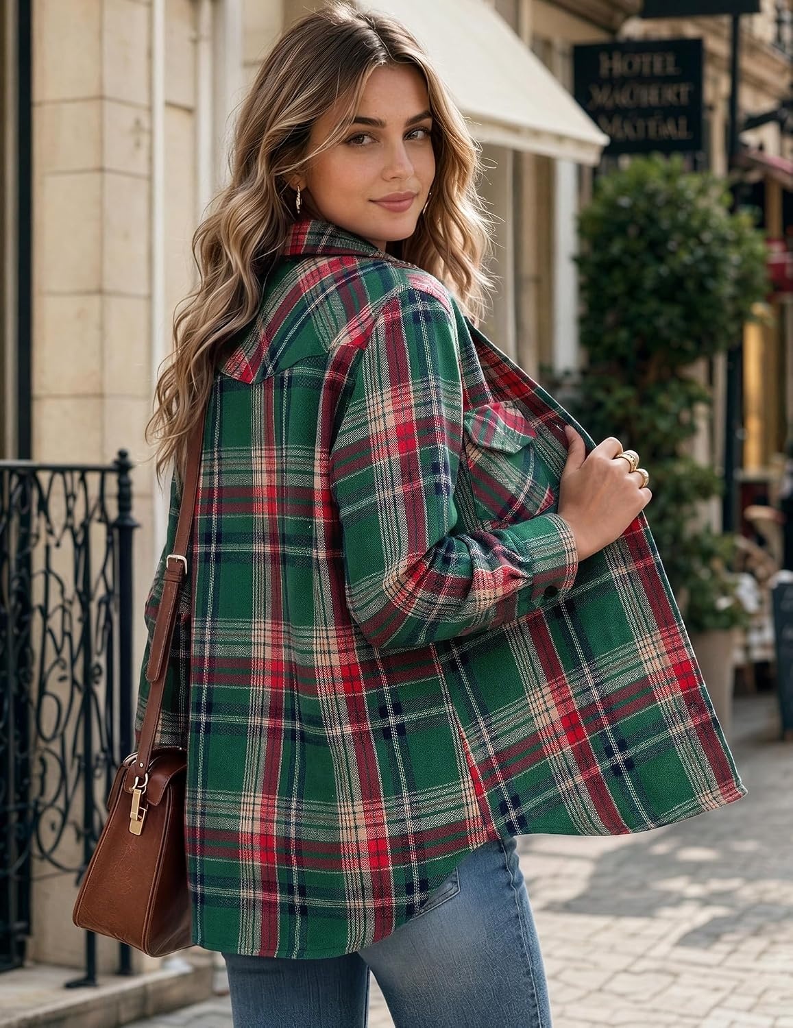 image:imageZeagoo Flannel Shirt Women Plaid Button Down Shackets Long Sleeve Fall TopsGreengw553