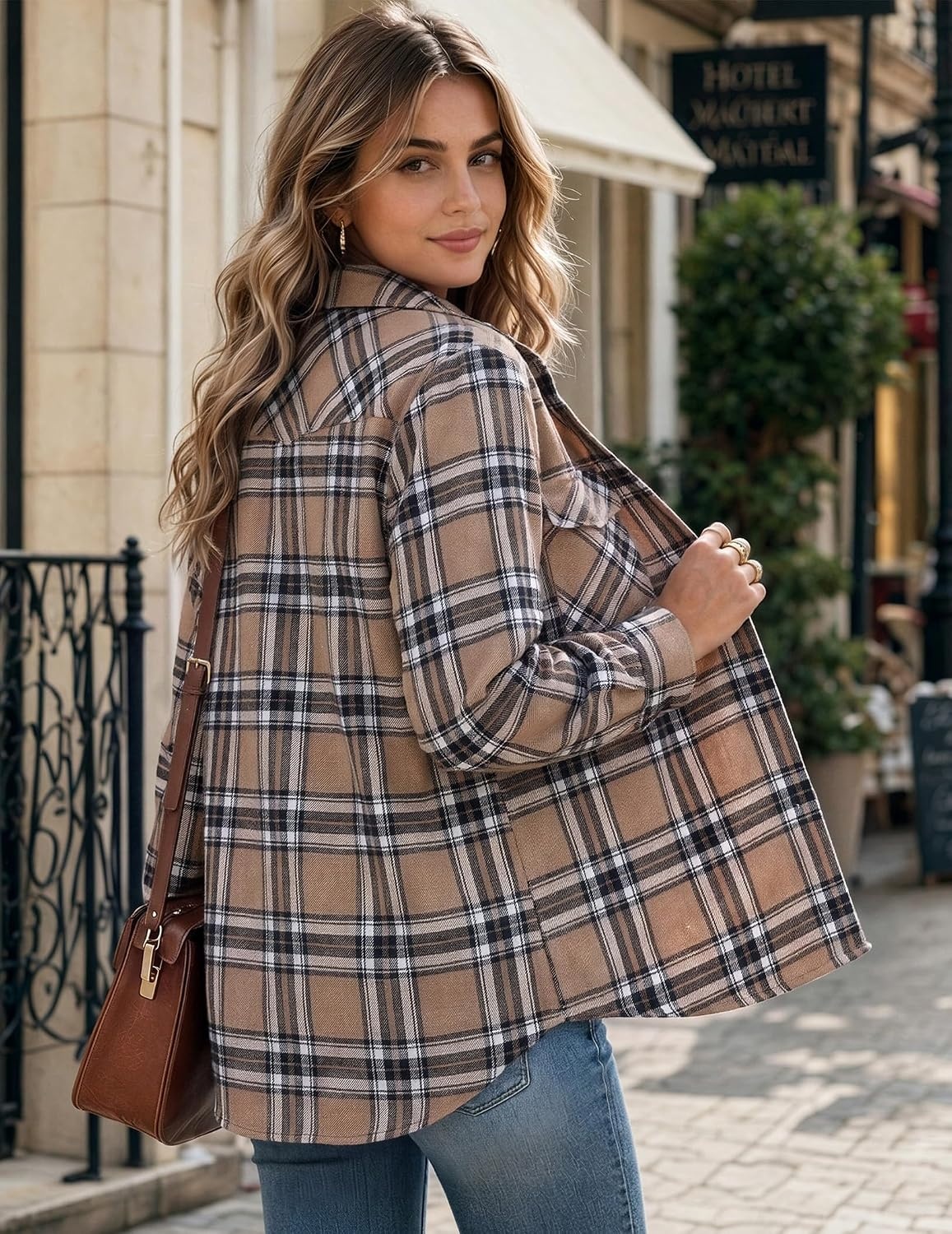 image:imageZeagoo Flannel Shirt Women Plaid Button Down Shackets Long Sleeve Fall TopsKhakigz991