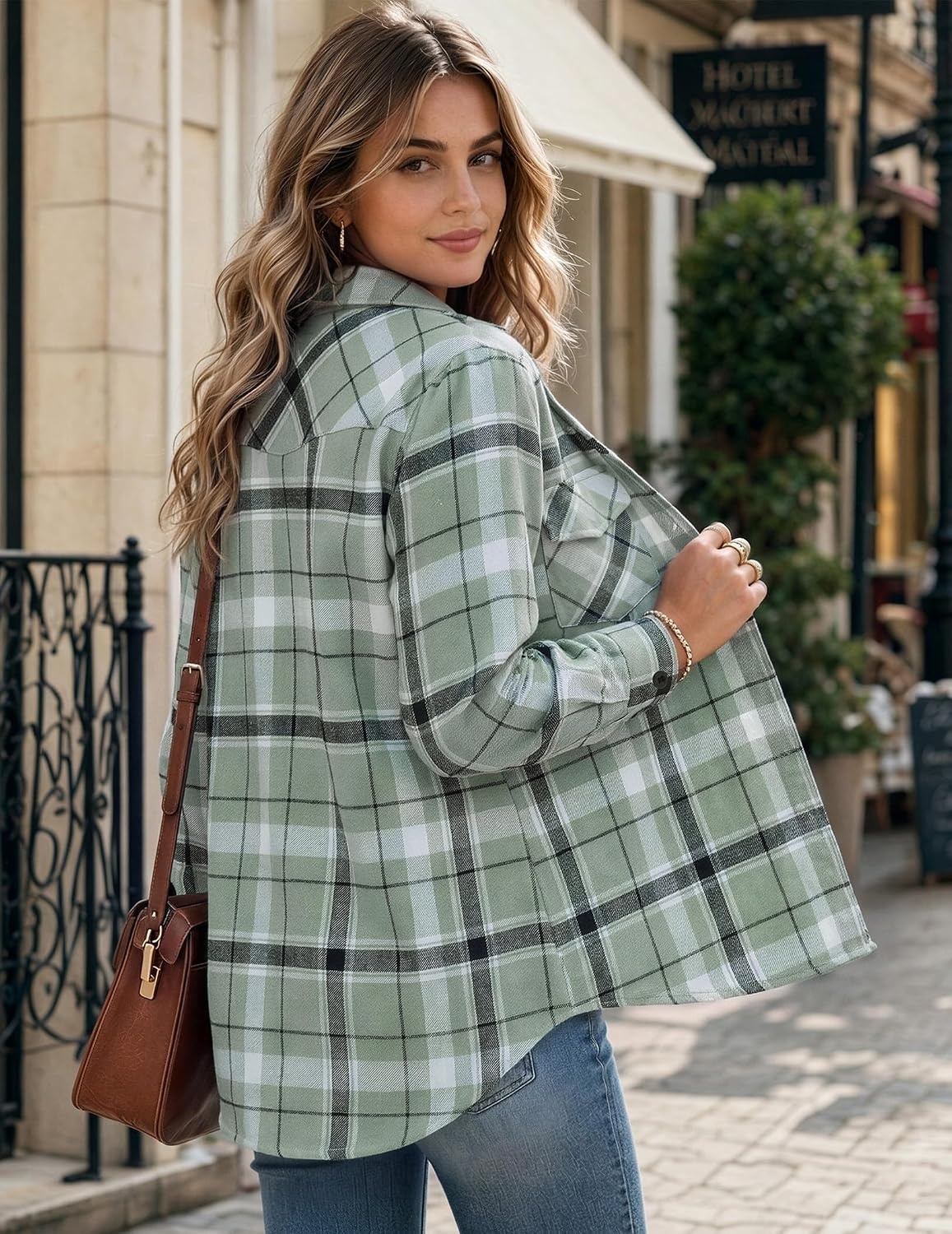image:imageZeagoo Flannel Shirt Women Plaid Button Down Shackets Long Sleeve Fall TopsLight Greengw297