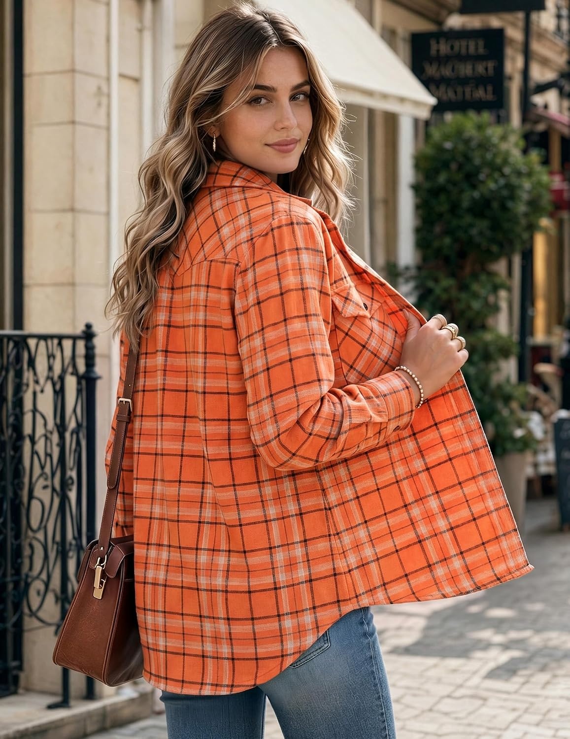 image:imageZeagoo Flannel Shirt Women Plaid Button Down Shackets Long Sleeve Fall TopsOrangegw689