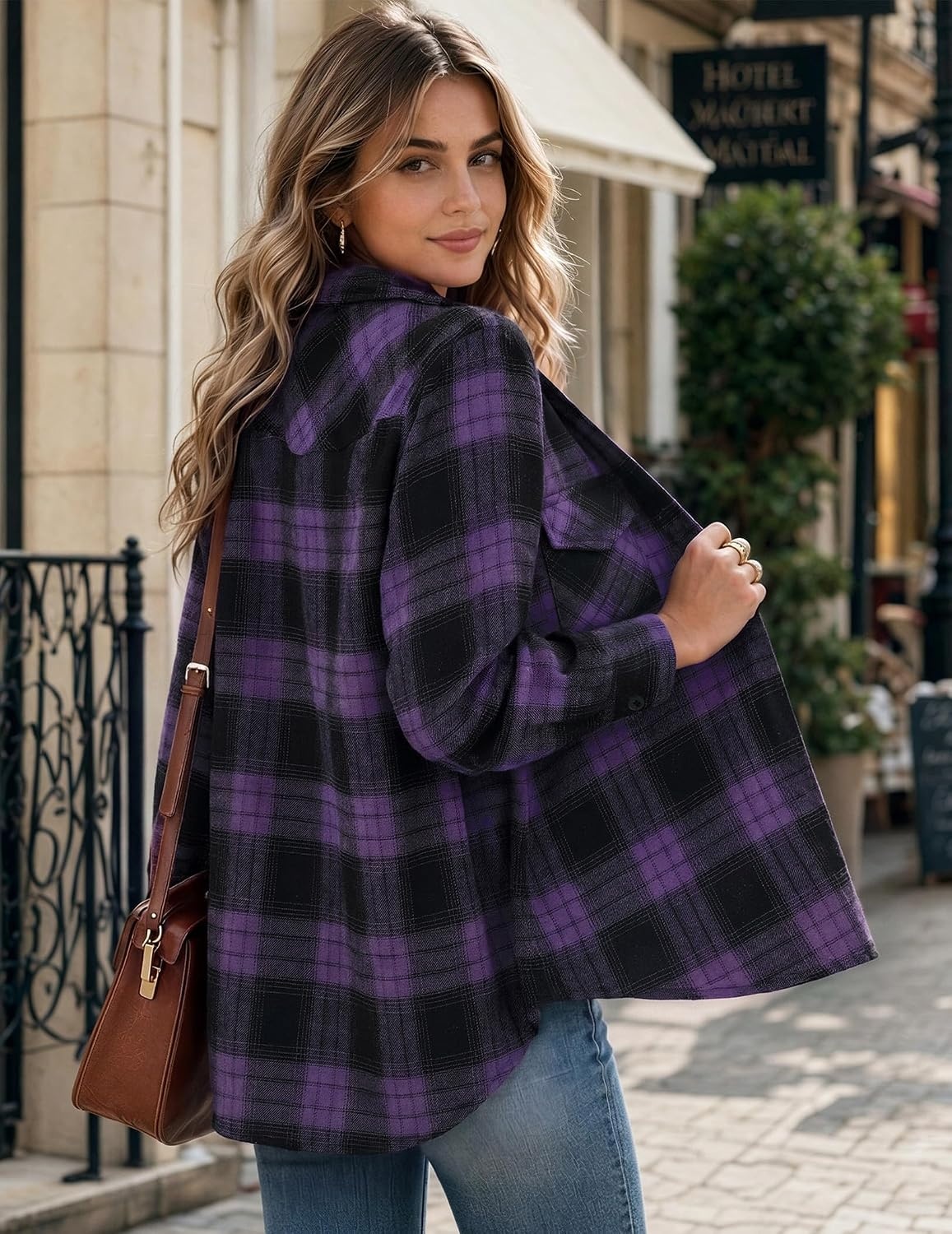 image:imageZeagoo Flannel Shirt Women Plaid Button Down Shackets Long Sleeve Fall TopsPurple Gw544