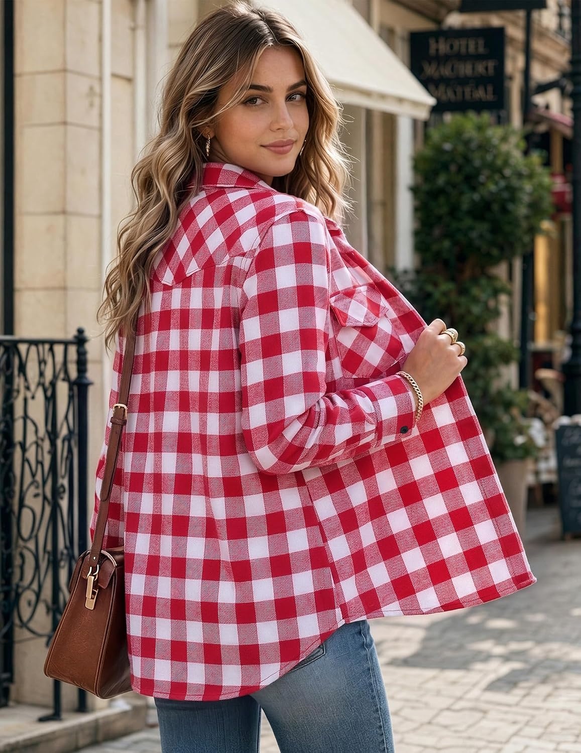 image:imageZeagoo Flannel Shirt Women Plaid Button Down Shackets Long Sleeve Fall TopsRed Whitegz192