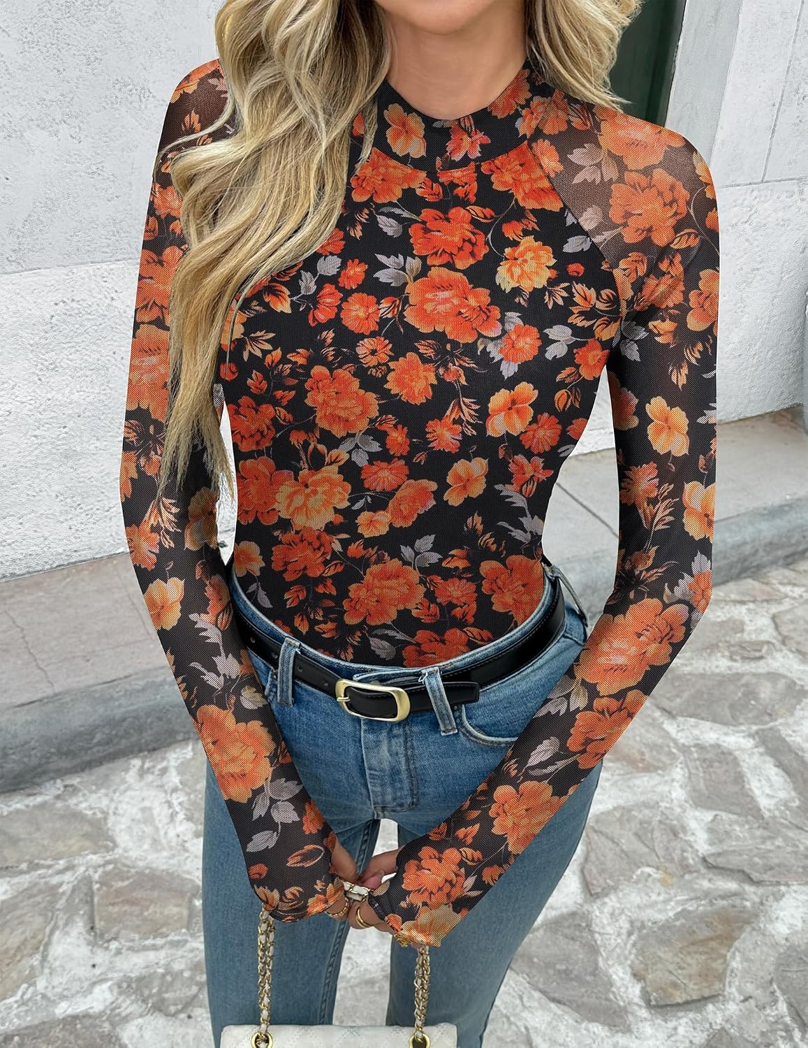 image:imageZeagoo Long Sleeve Shirts for Women Sheer Mesh Top Mock Neck Fitted BlousesWf75