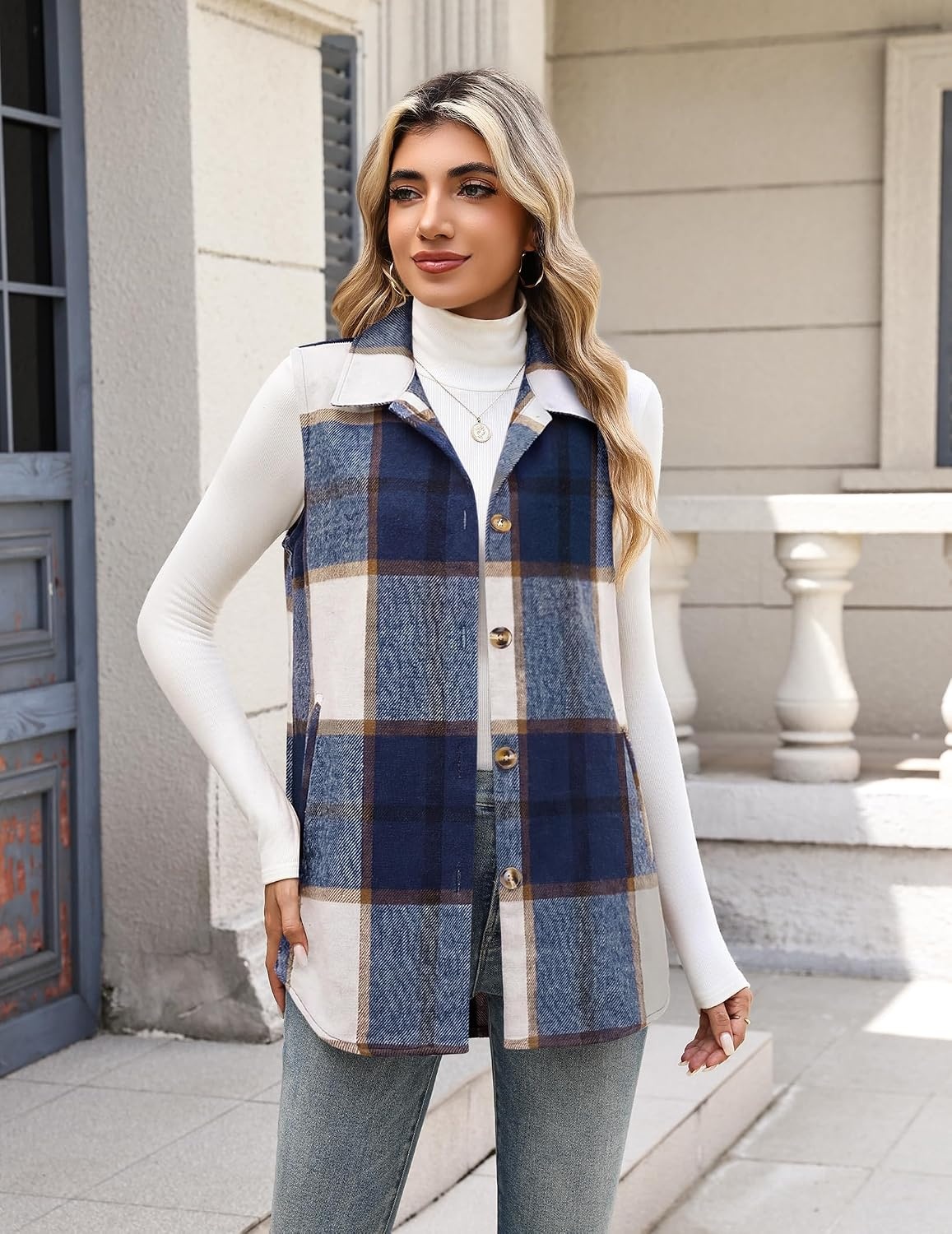 image:imageZeagoo Plaid Vest for Women Flannel Jackets Sleeveless Button Down ShirtsBluegz542