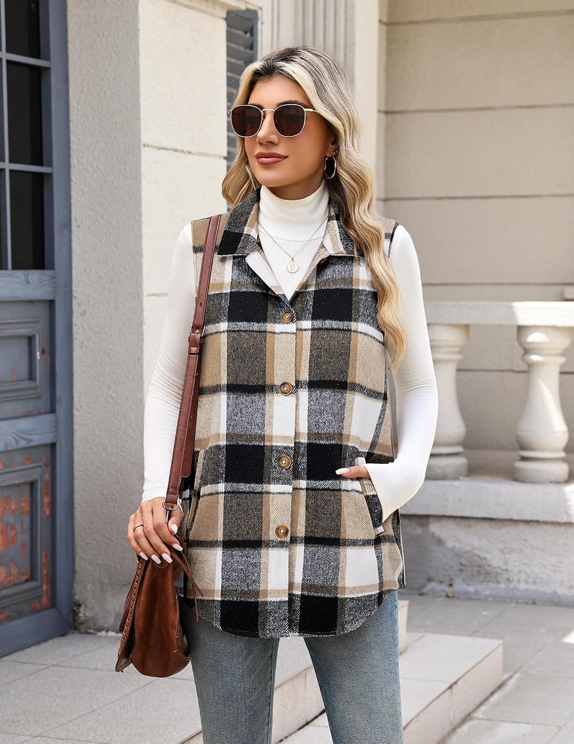 image:imageZeagoo Plaid Vest for Women Flannel Jackets Sleeveless Button Down ShirtsBrowngz794