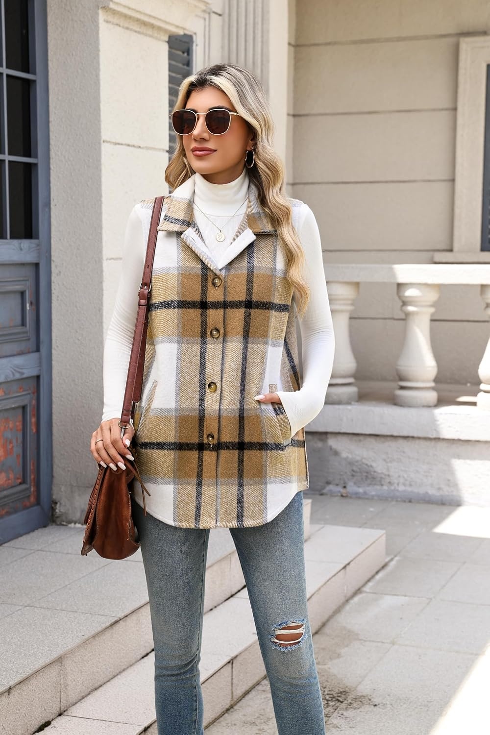 image:imageZeagoo Plaid Vest for Women Flannel Jackets Sleeveless Button Down ShirtsKhakigz554