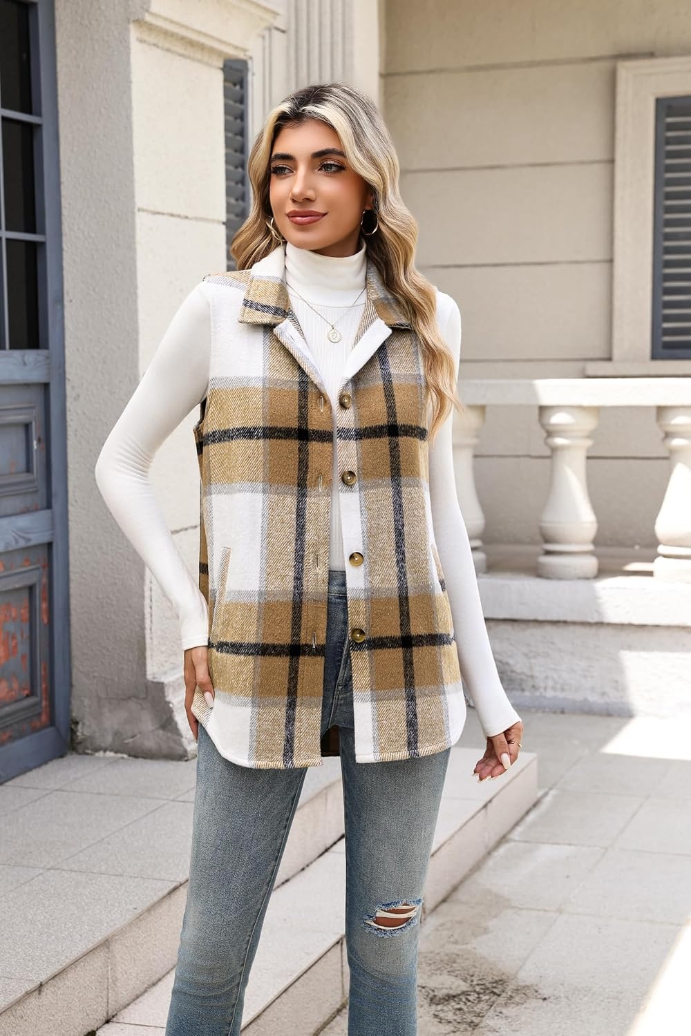 image:imageZeagoo Plaid Vest for Women Flannel Jackets Sleeveless Button Down ShirtsKhakigz554