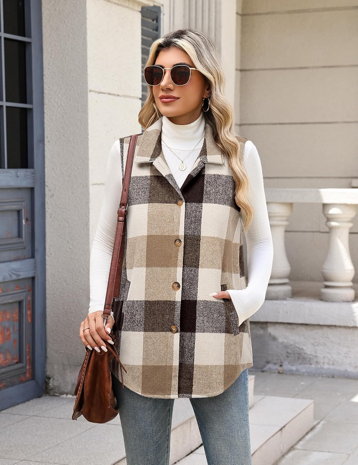 image:imageZeagoo Plaid Vest for Women Flannel Jackets Sleeveless Button Down ShirtsKhakigz798