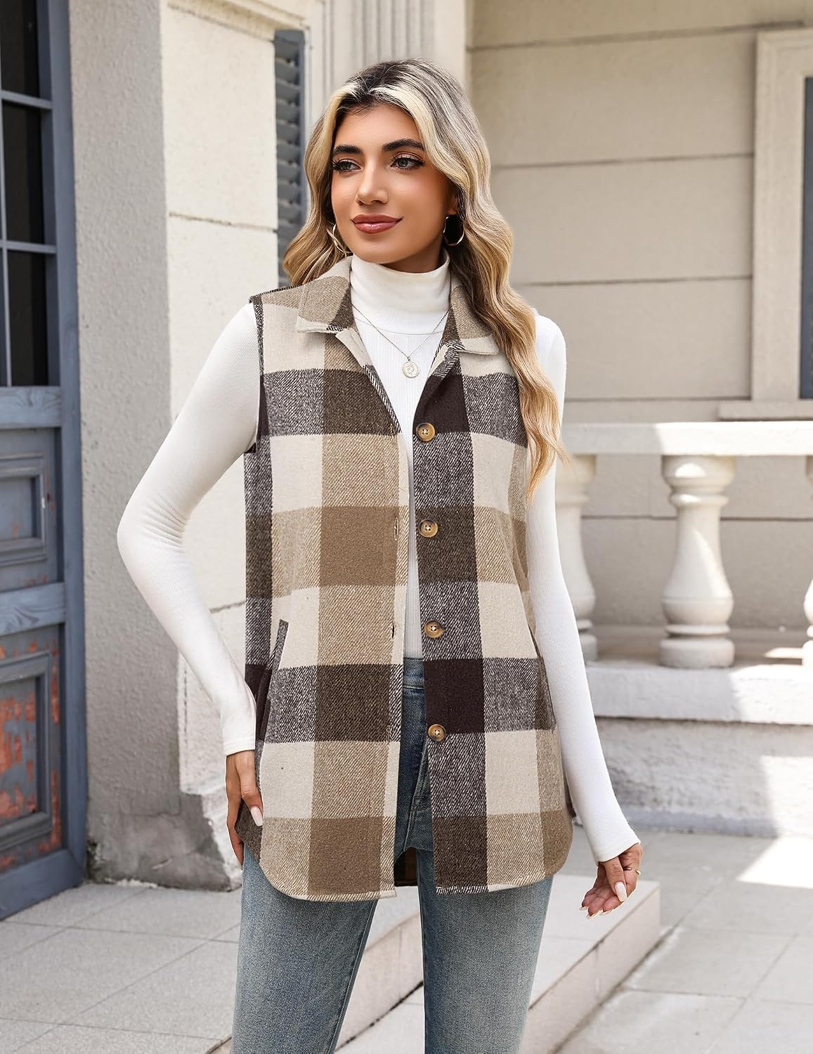 image:imageZeagoo Plaid Vest for Women Flannel Jackets Sleeveless Button Down ShirtsKhakigz798