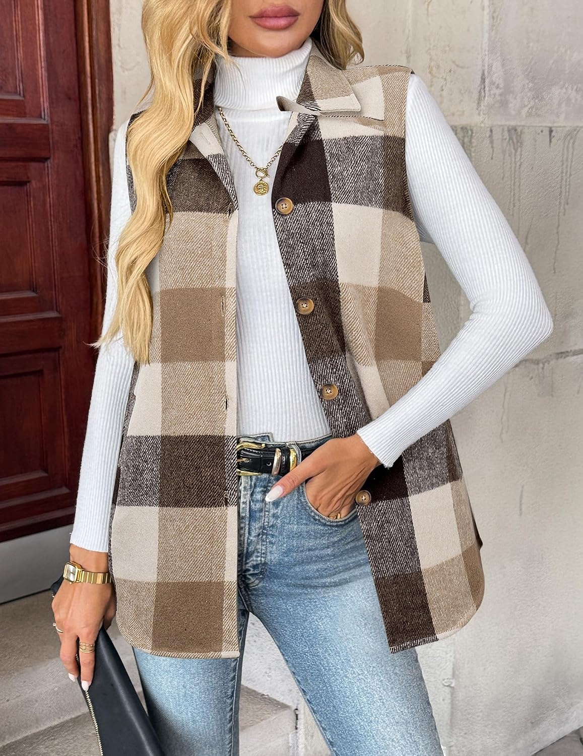 image:imageZeagoo Plaid Vest for Women Flannel Jackets Sleeveless Button Down ShirtsKhakigz798