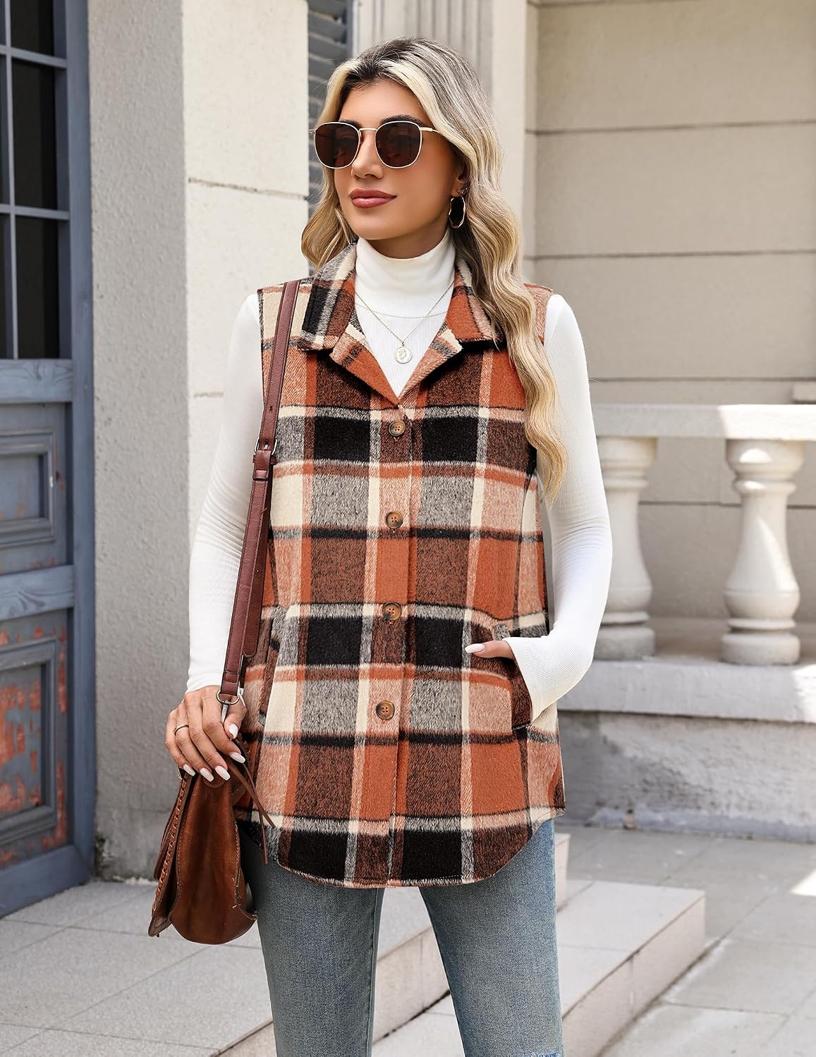 image:imageZeagoo Plaid Vest for Women Flannel Jackets Sleeveless Button Down ShirtsOrangegz526