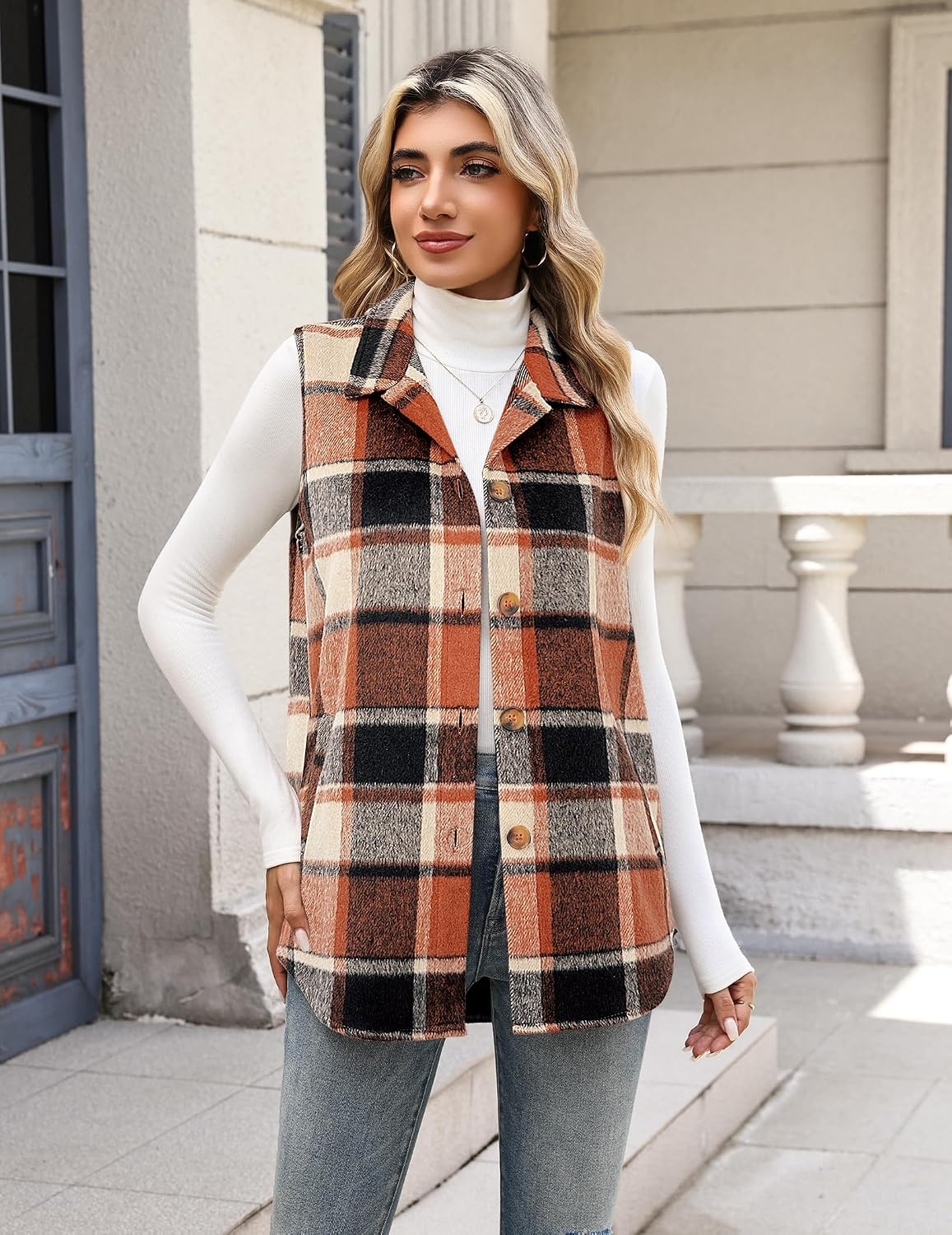 image:imageZeagoo Plaid Vest for Women Flannel Jackets Sleeveless Button Down ShirtsOrangegz526