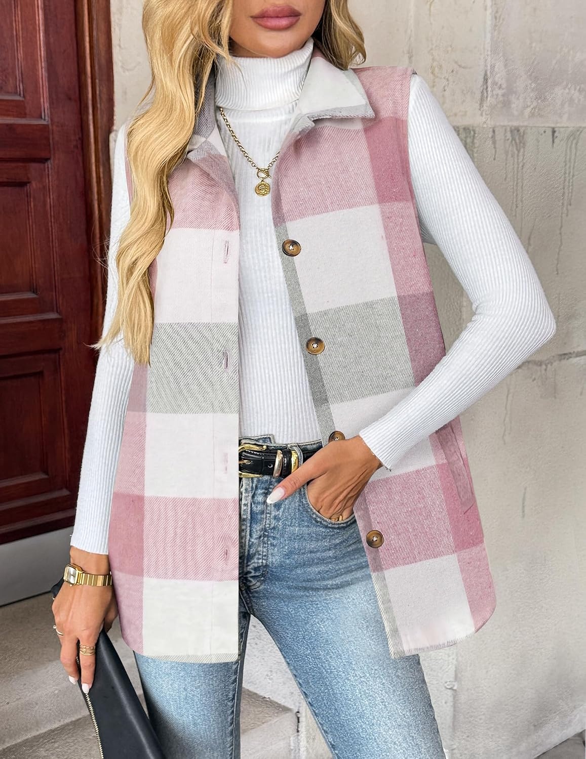 image:imageZeagoo Plaid Vest for Women Flannel Jackets Sleeveless Button Down ShirtsPinkgz695