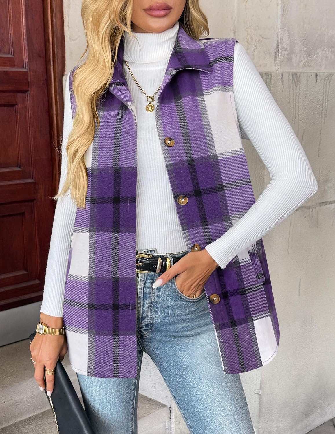 image:imageZeagoo Plaid Vest for Women Flannel Jackets Sleeveless Button Down ShirtsPurplegz680