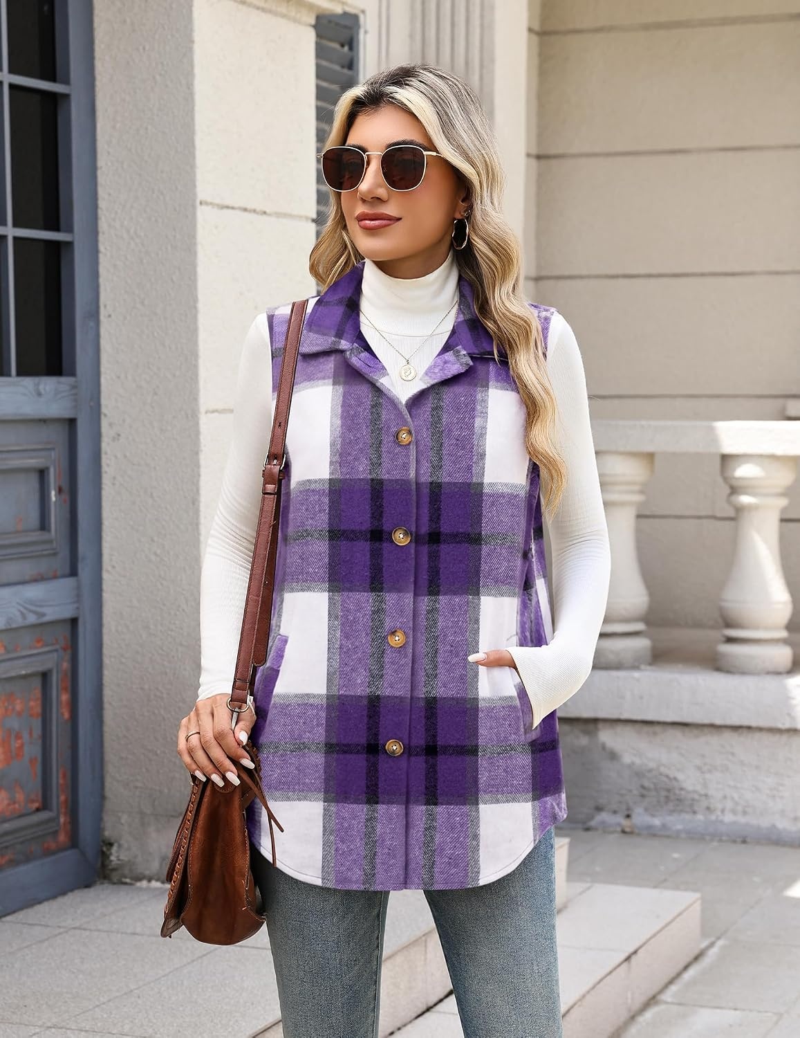 image:imageZeagoo Plaid Vest for Women Flannel Jackets Sleeveless Button Down ShirtsPurplegz680