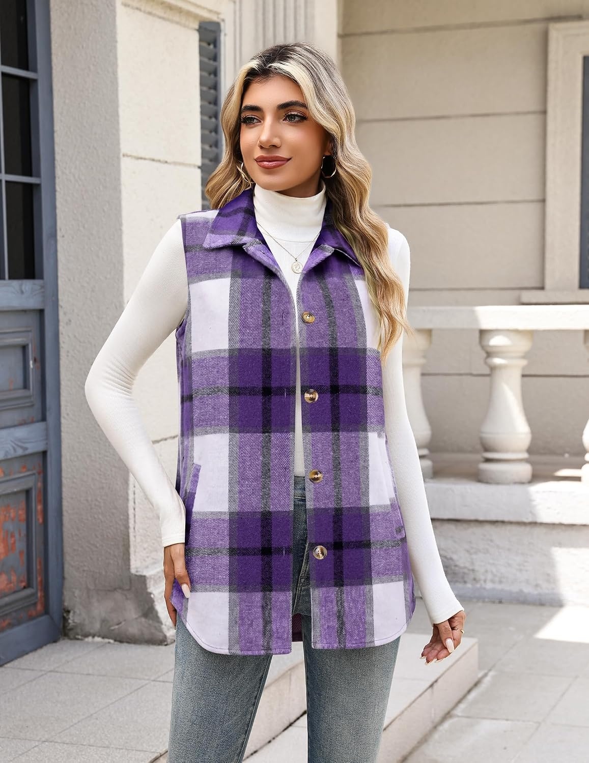 image:imageZeagoo Plaid Vest for Women Flannel Jackets Sleeveless Button Down ShirtsPurplegz680