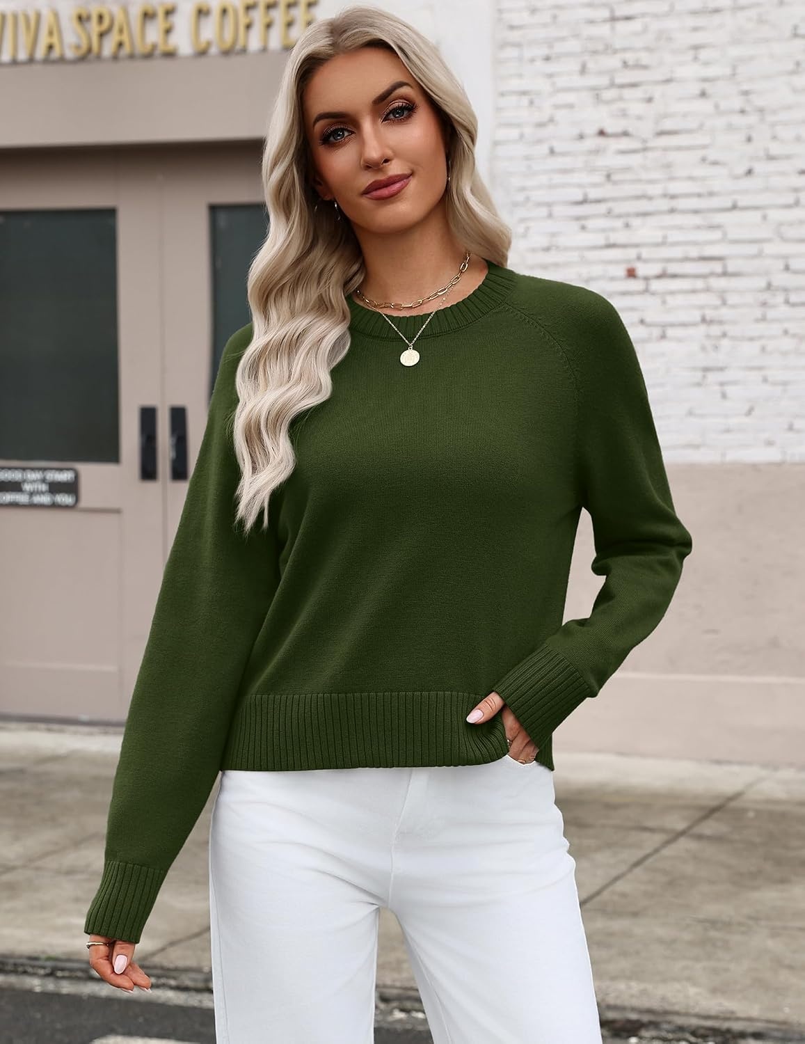 image:imageZeagoo Sweaters for Women Cropped Crewneck Basic 2026 Trendy Fall TopsArmy Green