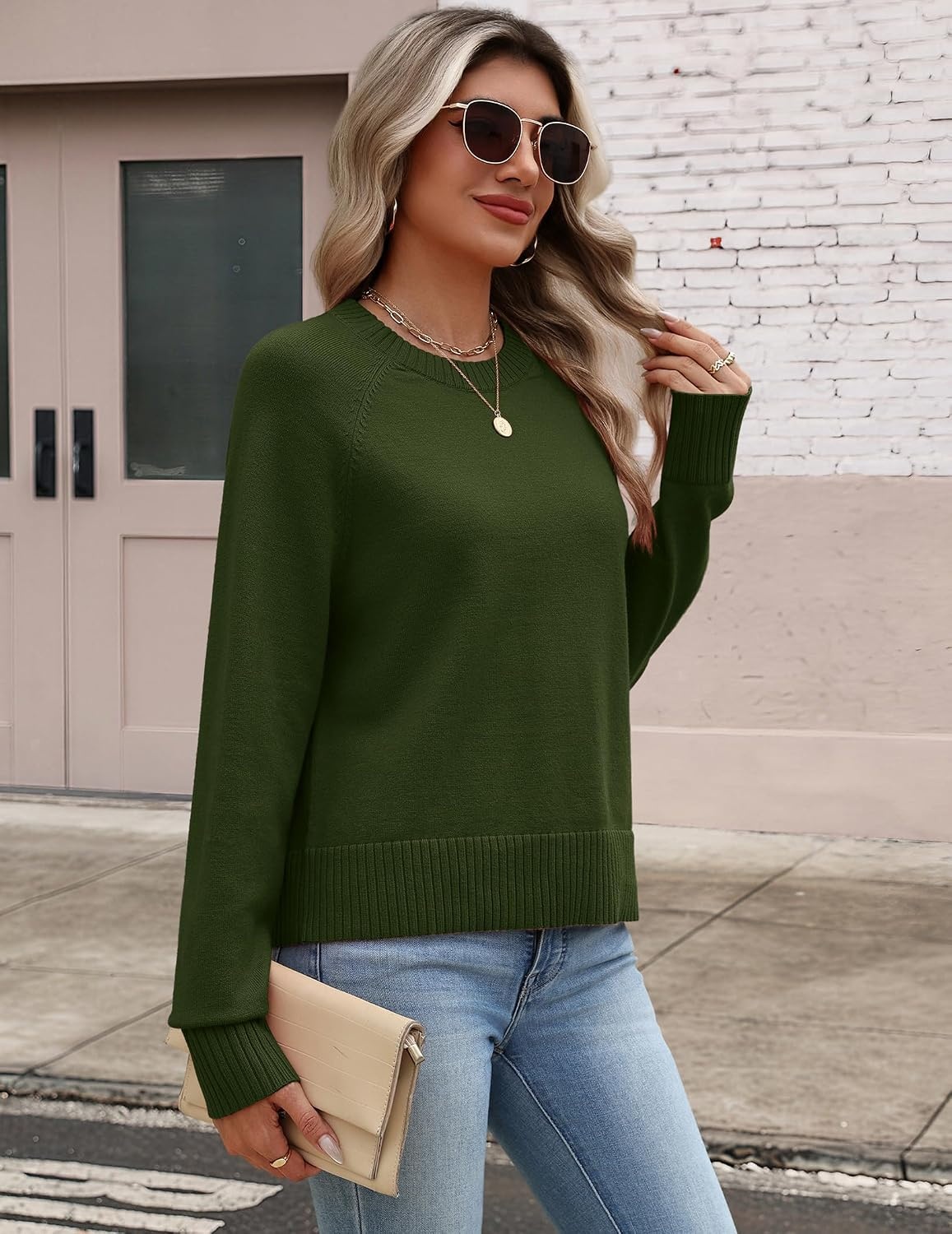 image:imageZeagoo Sweaters for Women Cropped Crewneck Basic 2026 Trendy Fall TopsArmy Green
