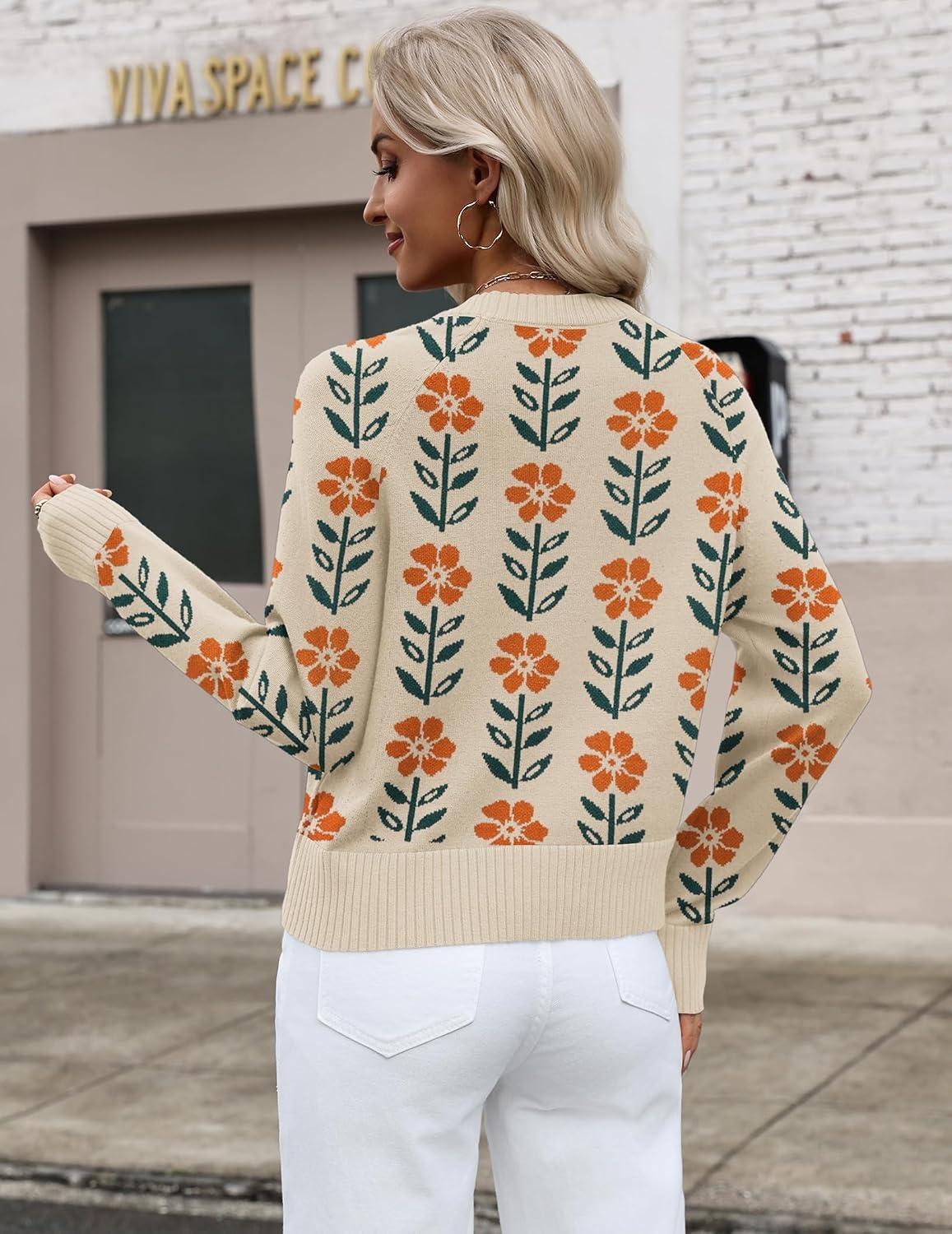 image:imageZeagoo Sweaters for Women Cropped Crewneck Basic 2026 Trendy Fall TopsFloral Apricot
