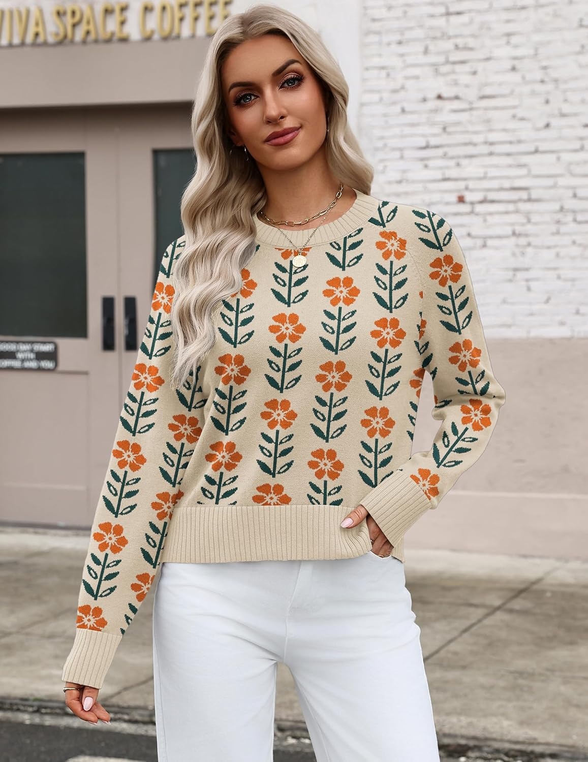 image:imageZeagoo Sweaters for Women Cropped Crewneck Basic 2026 Trendy Fall TopsFloral Apricot