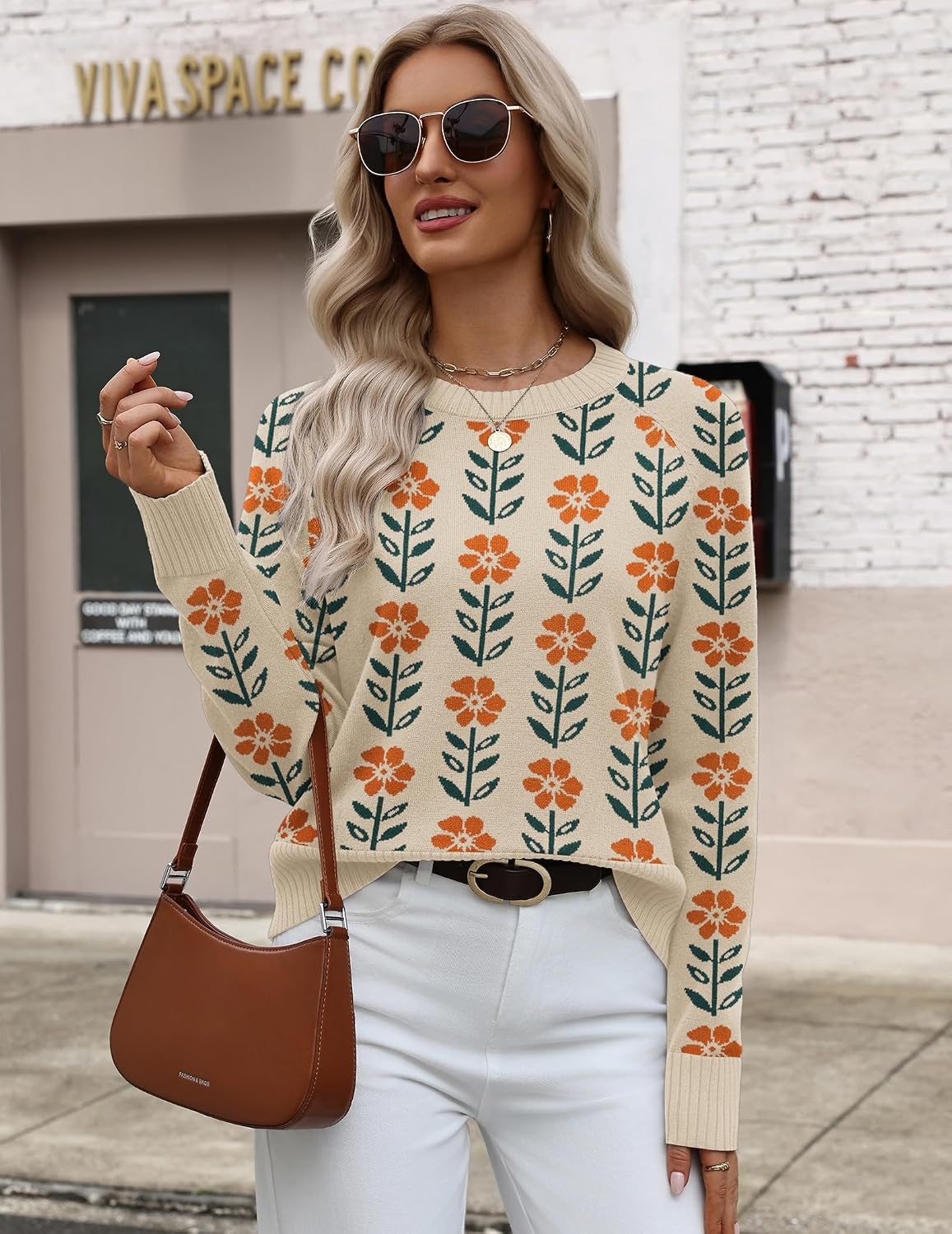 image:imageZeagoo Sweaters for Women Cropped Crewneck Basic 2026 Trendy Fall TopsFloral Apricot