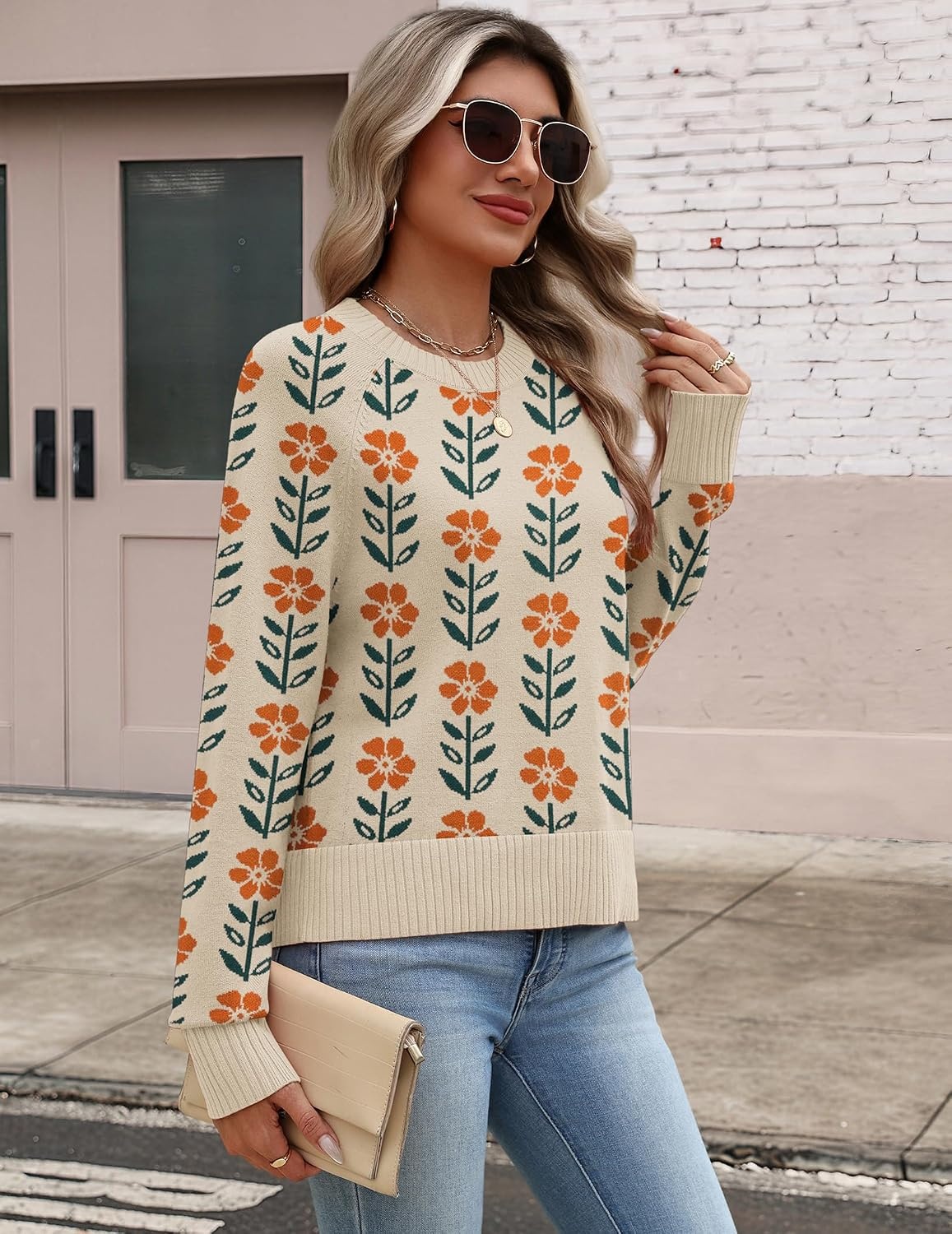 image:imageZeagoo Sweaters for Women Cropped Crewneck Basic 2026 Trendy Fall TopsFloral Apricot