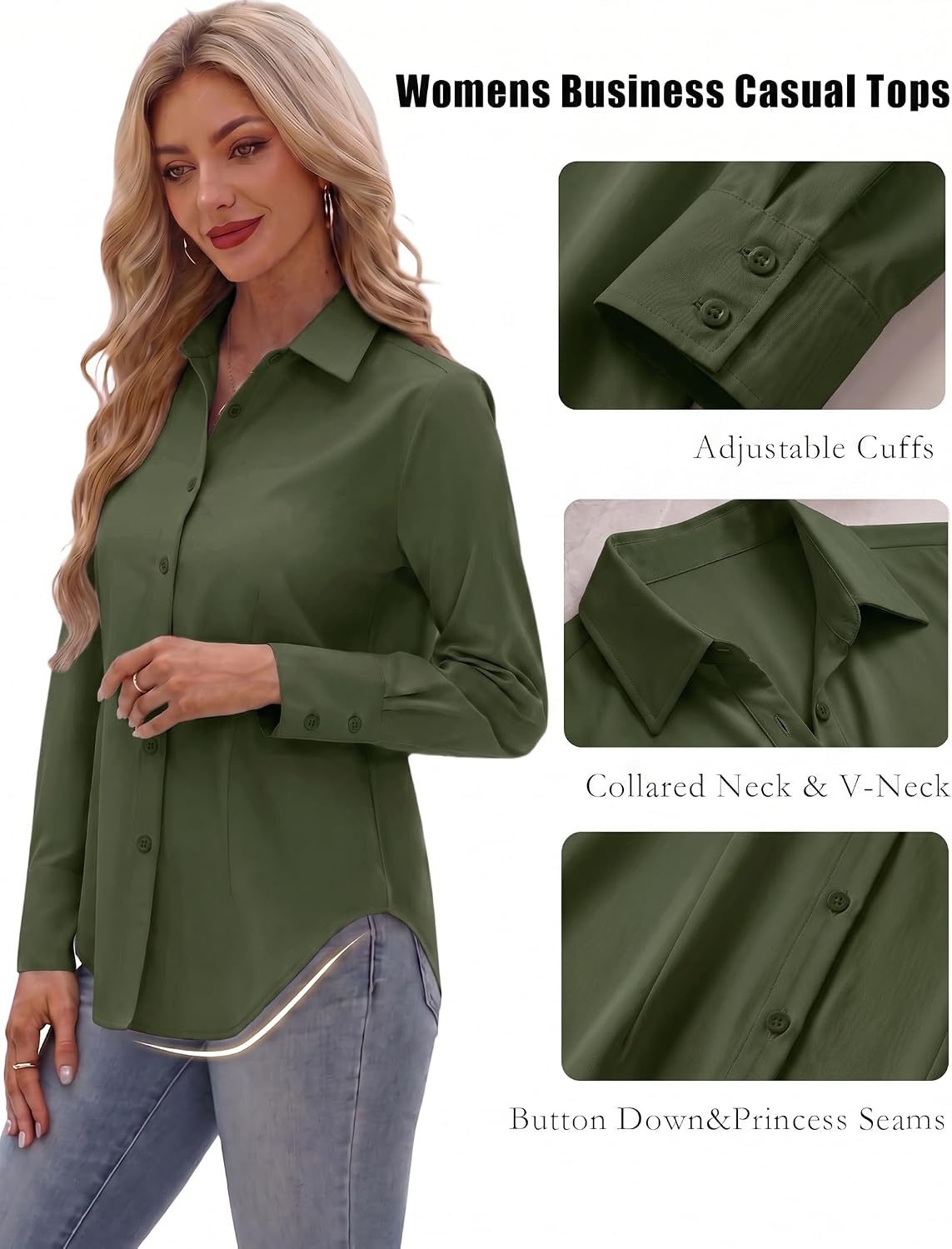 image:imageZeagoo Womens Button Down Shirts Long Sleeve Business Casual Blouses TopsArmy Green
