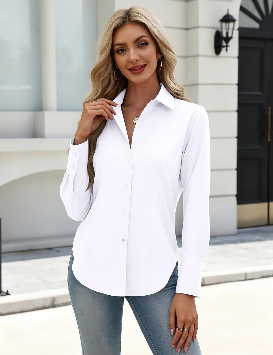 image:imageZeagoo Womens Button Down Shirts Long Sleeve Business Casual Blouses TopsAwhite