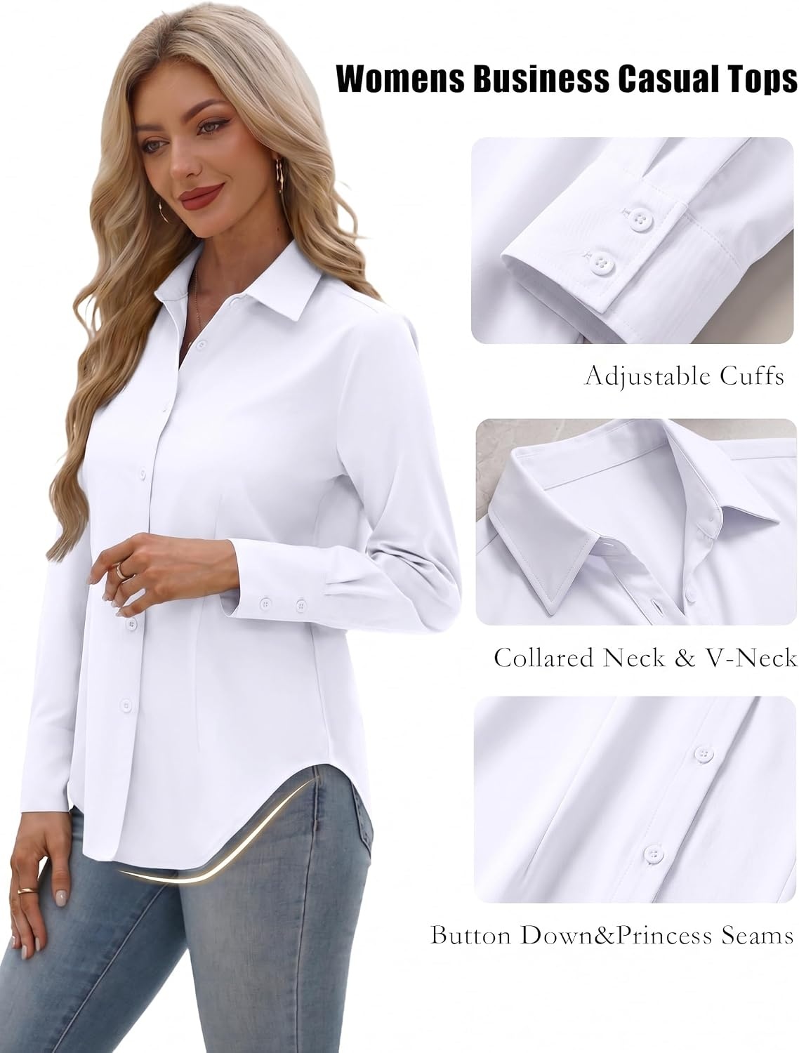 image:imageZeagoo Womens Button Down Shirts Long Sleeve Business Casual Blouses TopsAwhite