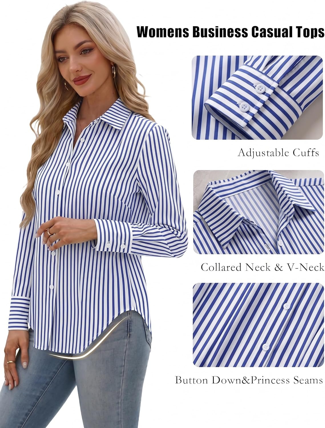 image:imageZeagoo Womens Button Down Shirts Long Sleeve Business Casual Blouses TopsBlue Stripes