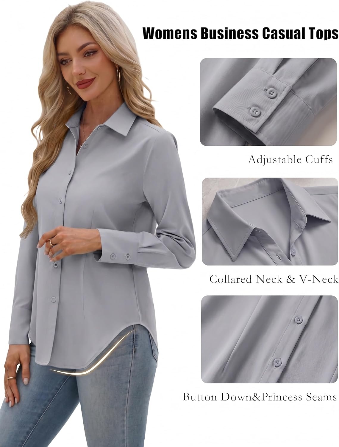 image:imageZeagoo Womens Button Down Shirts Long Sleeve Business Casual Blouses TopsGray
