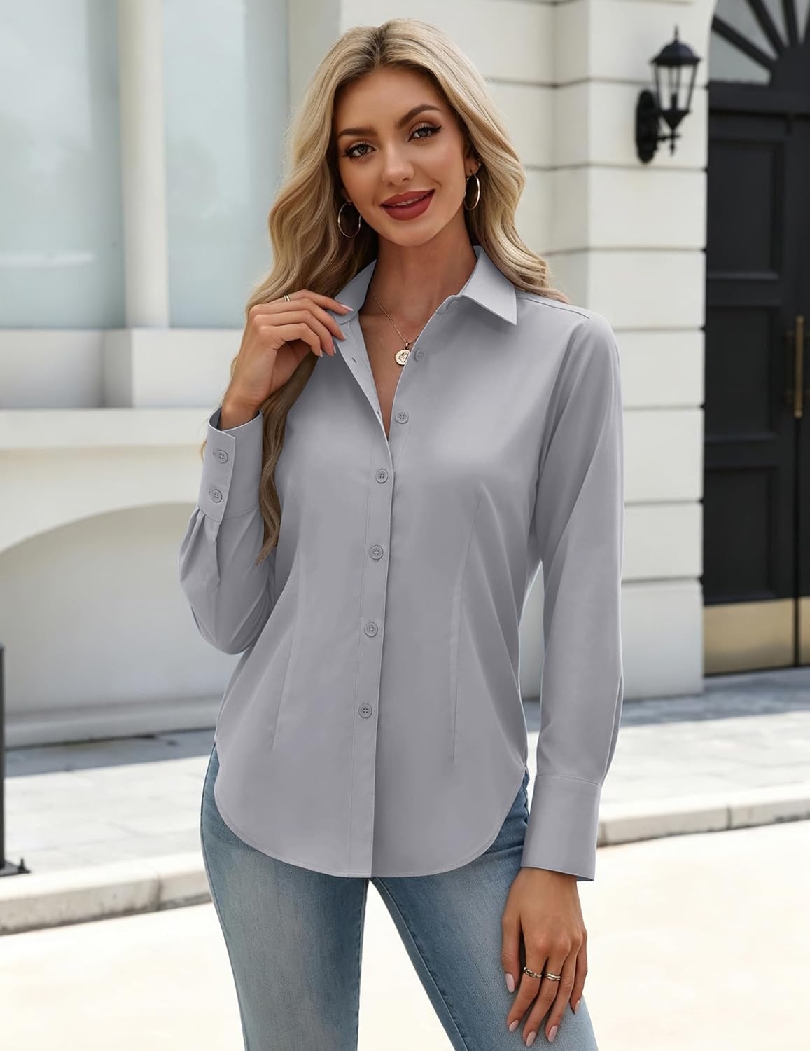 image:imageZeagoo Womens Button Down Shirts Long Sleeve Business Casual Blouses TopsGray