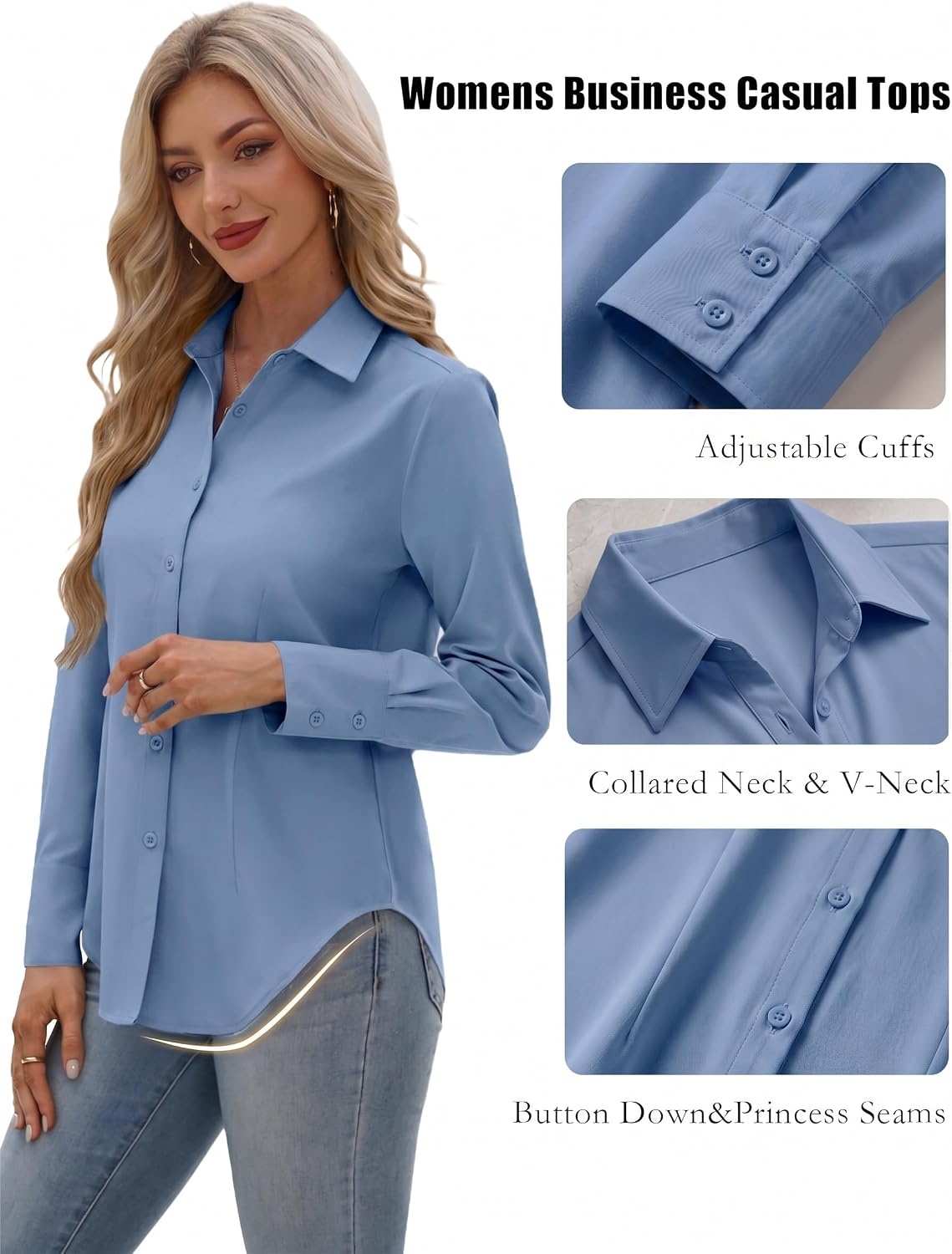 image:imageZeagoo Womens Button Down Shirts Long Sleeve Business Casual Blouses TopsGrey Blue