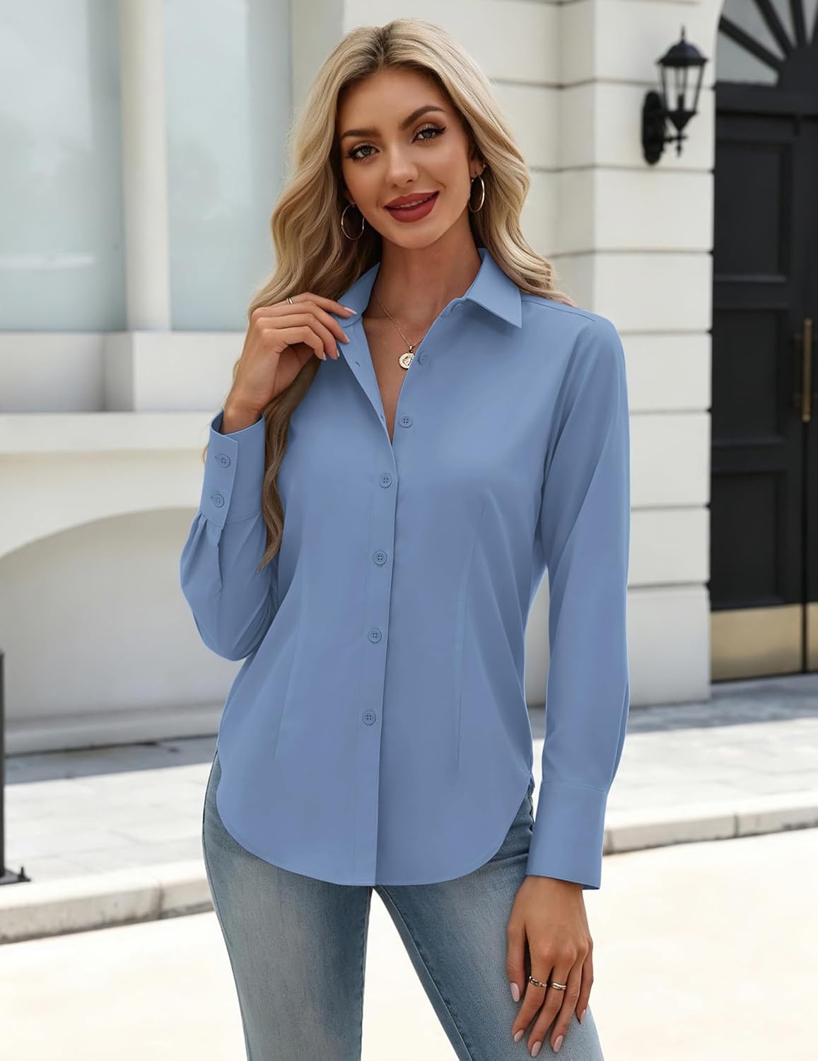 image:imageZeagoo Womens Button Down Shirts Long Sleeve Business Casual Blouses TopsGrey Blue
