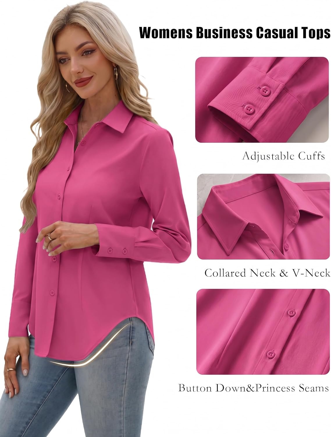 image:imageZeagoo Womens Button Down Shirts Long Sleeve Business Casual Blouses TopsHot Pink
