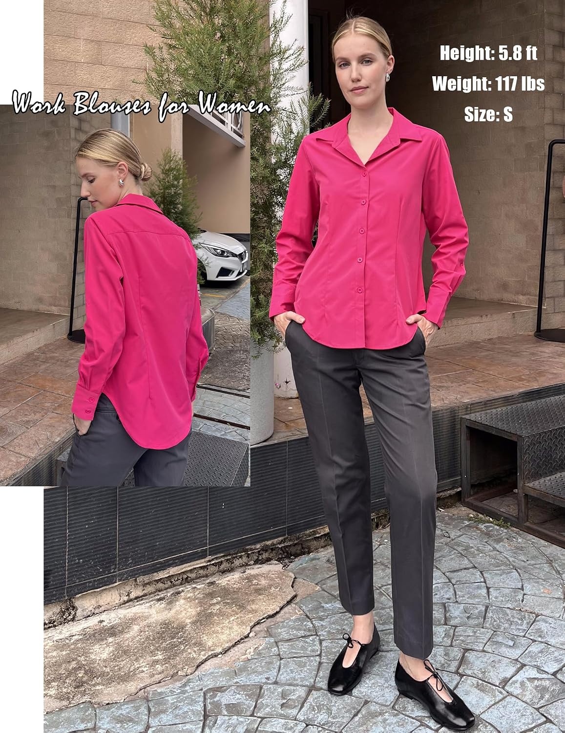 image:imageZeagoo Womens Button Down Shirts Long Sleeve Business Casual Blouses TopsHot Pink