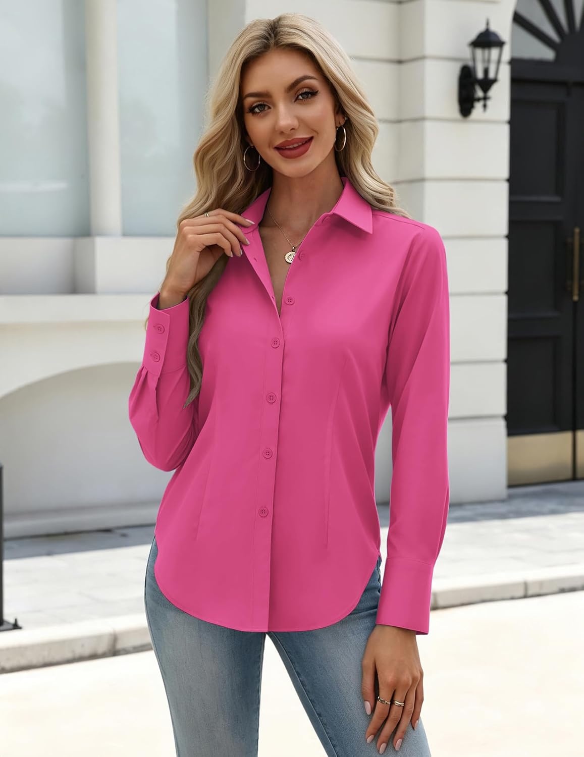 image:imageZeagoo Womens Button Down Shirts Long Sleeve Business Casual Blouses TopsHot Pink