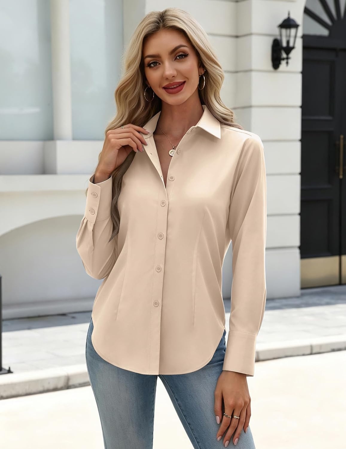 image:imageZeagoo Womens Button Down Shirts Long Sleeve Business Casual Blouses TopsLight Khaki