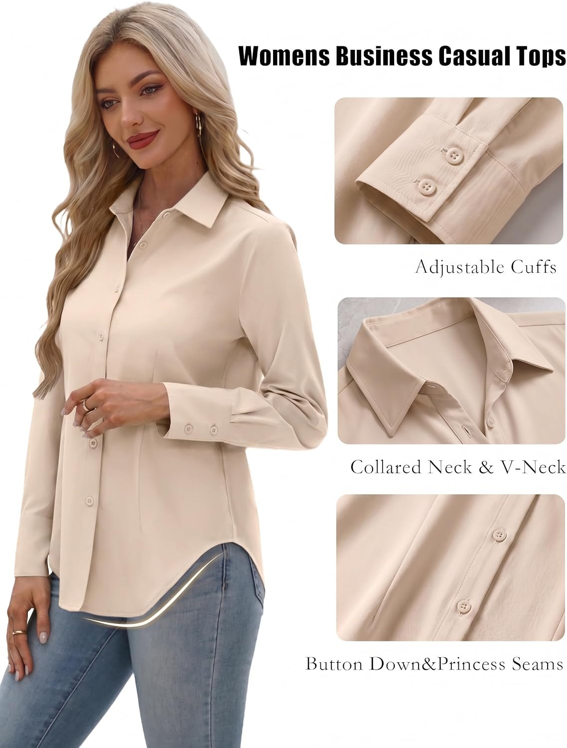 image:imageZeagoo Womens Button Down Shirts Long Sleeve Business Casual Blouses TopsLight Khaki
