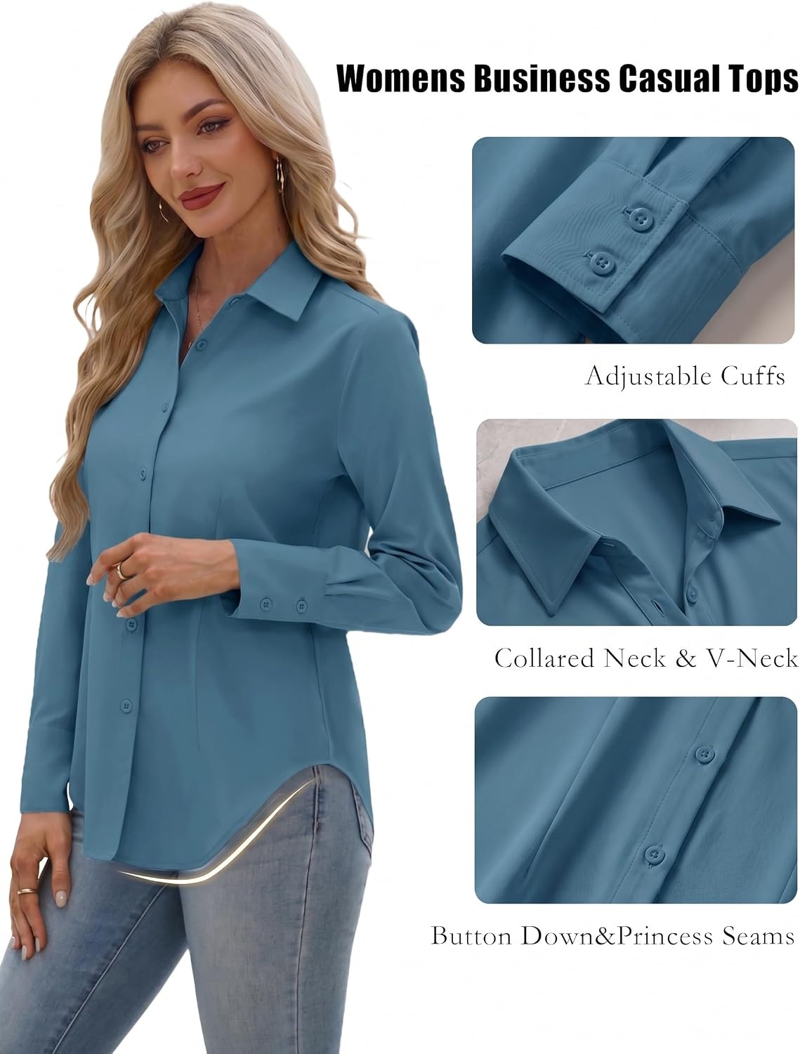 image:imageZeagoo Womens Button Down Shirts Long Sleeve Business Casual Blouses TopsPeacock Blue