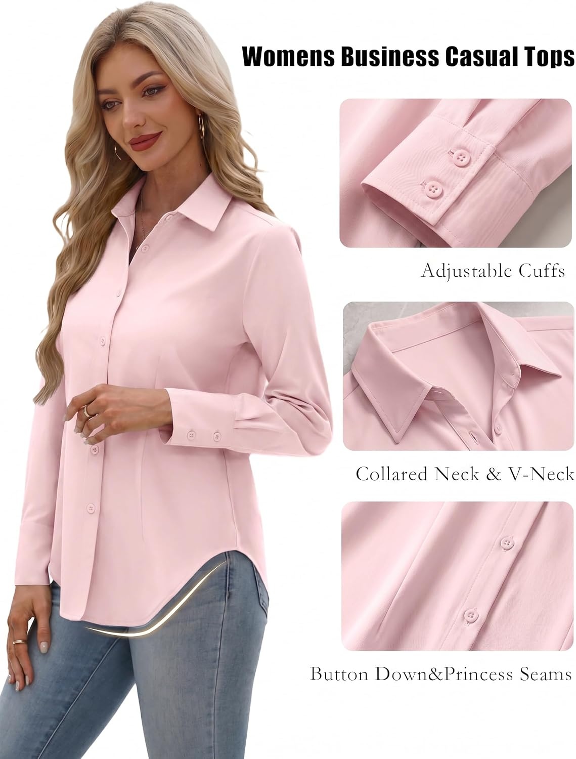 image:imageZeagoo Womens Button Down Shirts Long Sleeve Business Casual Blouses TopsPink