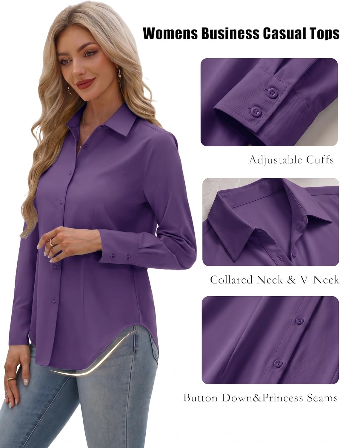 image:imageZeagoo Womens Button Down Shirts Long Sleeve Business Casual Blouses TopsPurple